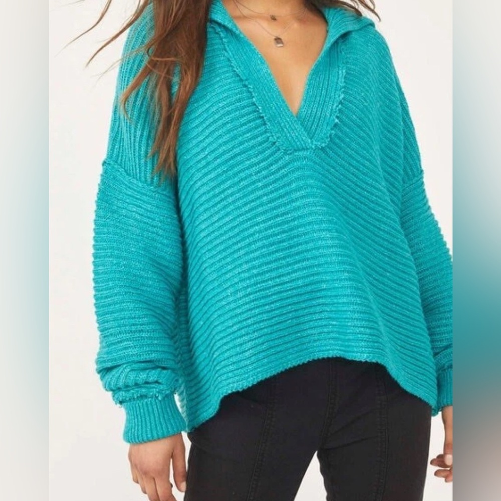Free People Marlie Pullover V Neck Sweater in Blue Oversized‎ Size Small